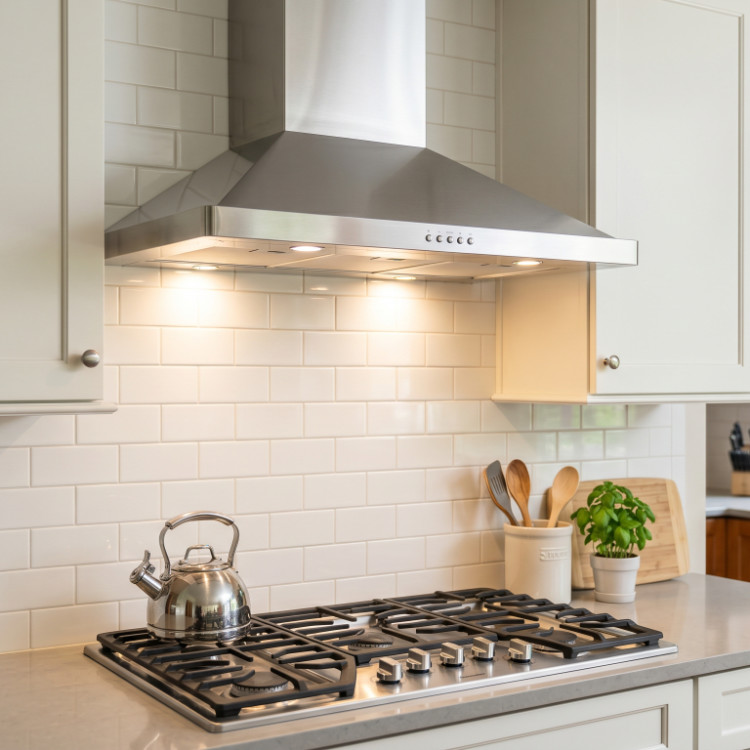 Stainless range hood over a gas cooktop with white tile backsplash